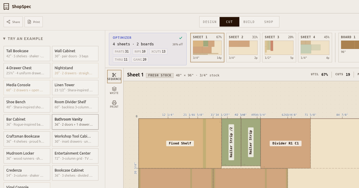 ShopSpec · Shop-ready build sheets from one casework spec